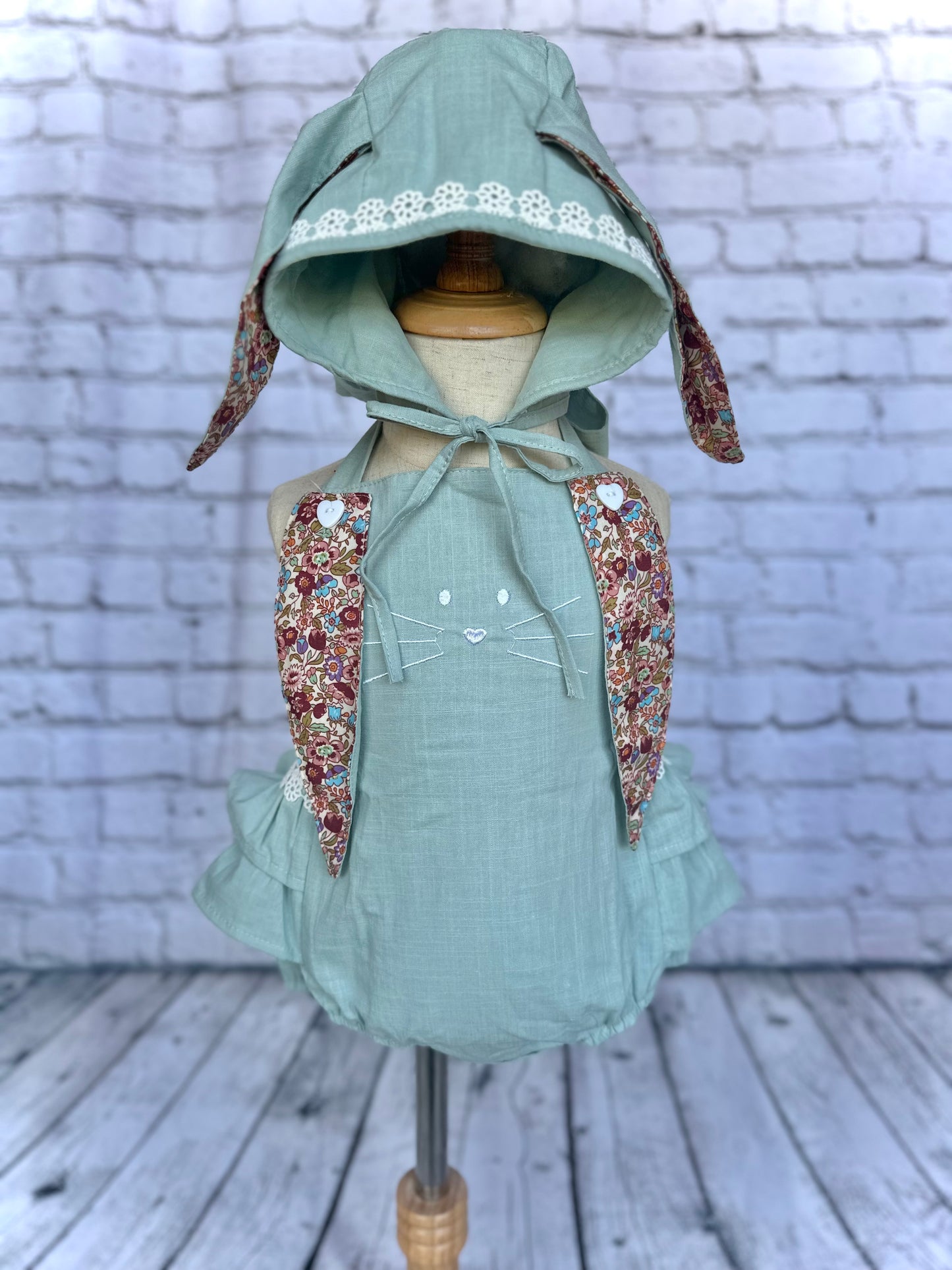 Mint Easter romper with bunny ear bonnet