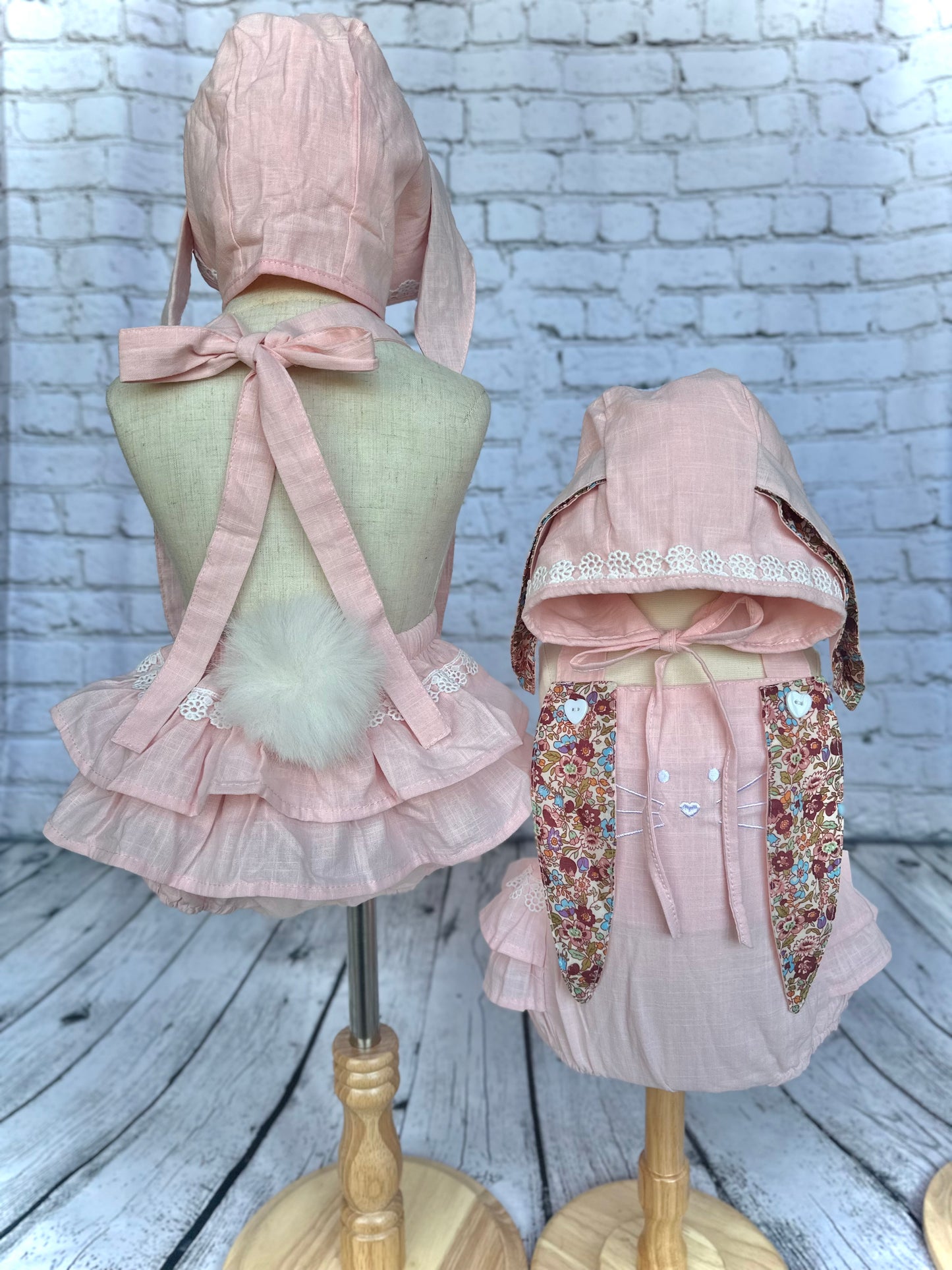 Pink Easter romper with bunny ear bonnet