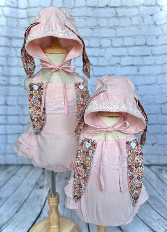 Pink Easter romper with bunny ear bonnet