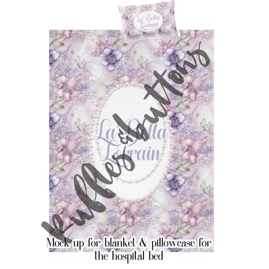 Reserved- blanket and pillowcase with white satin ruffles.