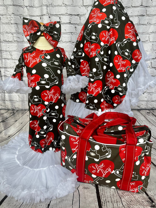 READY TO SHIP- gown set and diaper bag