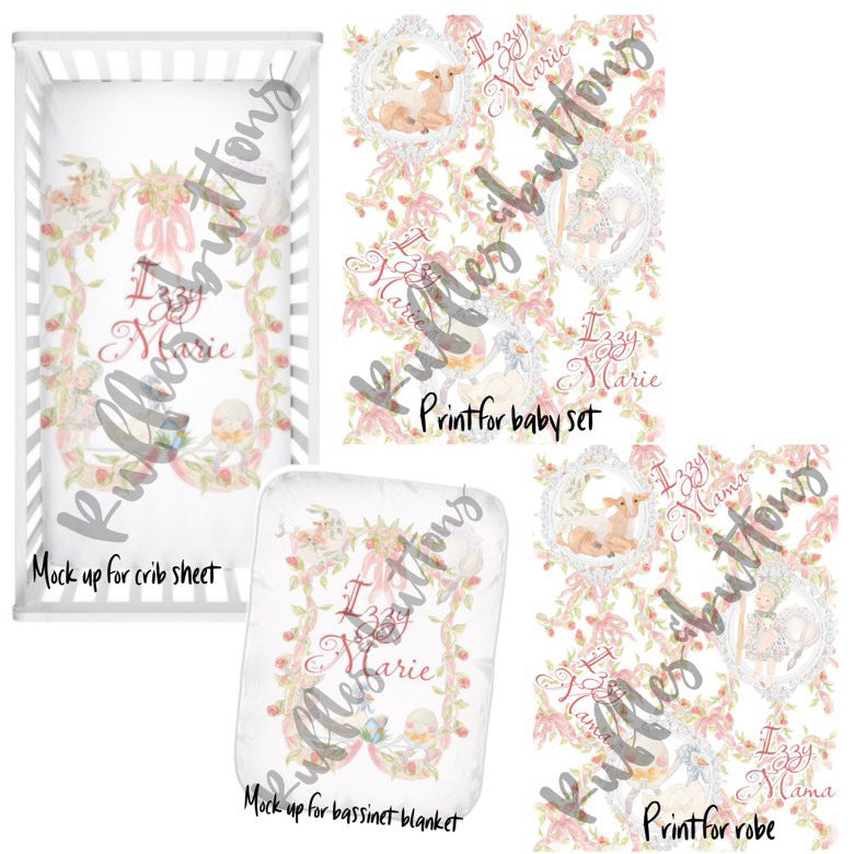 Reserved- APRIL9 gown set, robe, crib sheet/blanket.