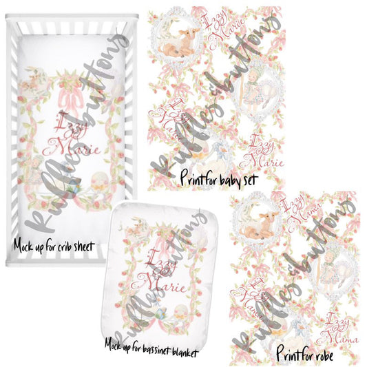 Reserved- APRIL9 gown set, robe, crib sheet/blanket.