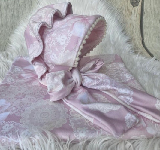 Pink Vintage Doily Print Swaddle and Button Bonnet set