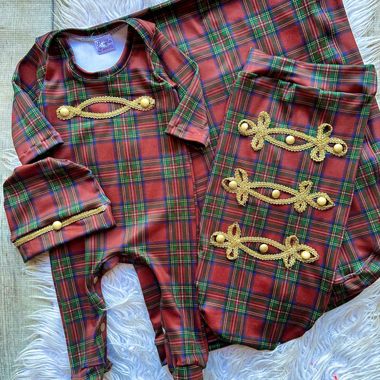 Christmas plaid footed romper set